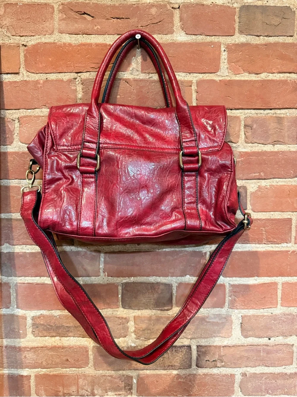 Red Leather Top-Handle Satchel Handbag - BCBG